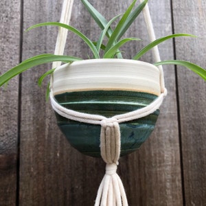 May include: A white and green ceramic hanging planter with a white cotton rope macrame hanger. The planter is filled with a green plant.