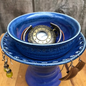 Handmade Ceramic Earring Holder with Dish: Aster Blue Pottery Jewelry Tree