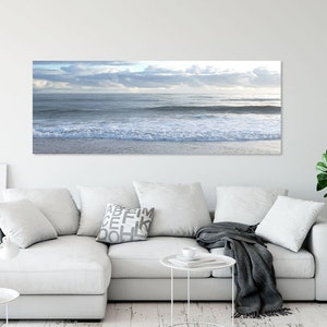 Photo panoramique du matin à la plage, cadeau de pendaison de crémaillère, art mural océan, photographie de voyage déco, cadeau maison de plage, grand art mural