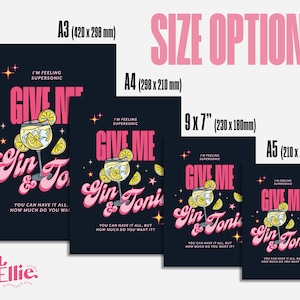 May include: Four different sizes of a printable art print featuring a pink and white illustration of a gin and tonic with the text "Give me Gin & Tonic" and "I'm feeling supersonic". The print is on a dark blue background with white stars.
