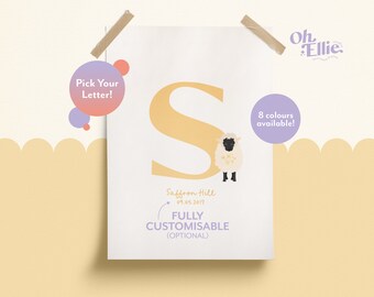 Sheep Initial Baby Nursery Print, Sheep Nursery Decor, Children's Sheep Print, Personalised New Baby Print, Sheep Illustration, Baby Letter