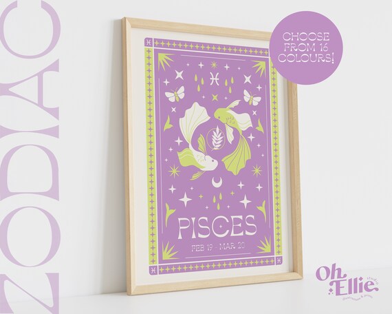 Pisces Tarot Card Style Zodiac Print, Astrology Poster, Star Sign Wall Art, Typographic Print, Retro Illustration, Birthday Gift, Horoscope