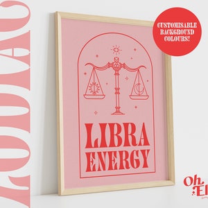 Libra Energy Zodiac Art Print, Astrology Poster, Zodiac Star Sign Wall Art, Typographic Print, Retro Illustration, Birthday Gift, Horoscope