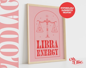 Libra Energy Zodiac Art Print, Astrology Poster, Zodiac Star Sign Wall Art, Typographic Print, Retro Illustration, Birthday Gift, Horoscope