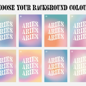 May include: Eight different colour gradient backgrounds with the word "ARIES" repeated three times in a white, wavy font.