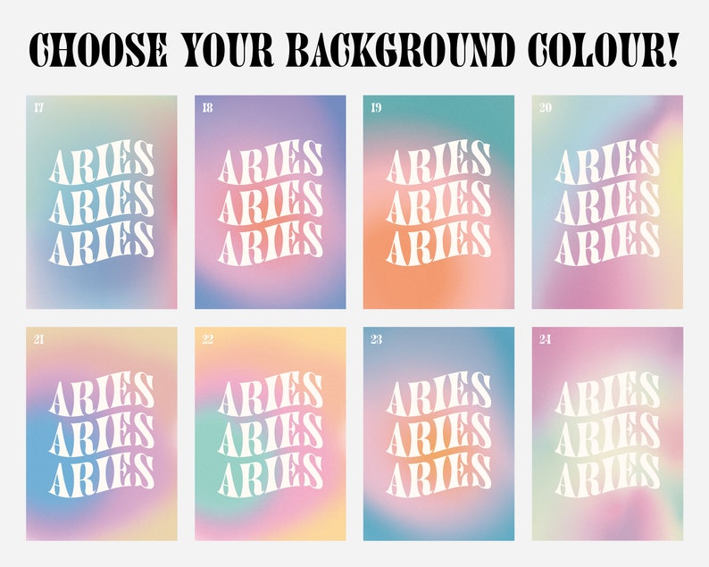 May include: Eight different colour gradient backgrounds with the word "ARIES" repeated three times in a white, wavy font.