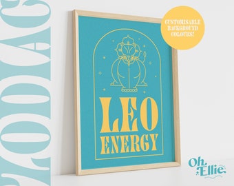 Leo Energy Zodiac Art Print, Astrology Poster, Zodiac Star Sign Wall Art, Typographic Print, Retro Illustration, Birthday Gift, Horoscope