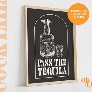 Pass The Tequila, Custom Alcohol Print, Happy Hour, Bar Cart Print, Retro Illustration, Kitchen Decor, Tequila Shot, Party, Drinks Print