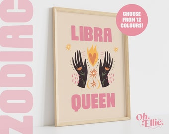 Libra Queen King, Zodiac Art Print, Astrology Poster, Star Sign Wall Art, Typographic Print, Retro Illustration, Libra Energy, Horoscope