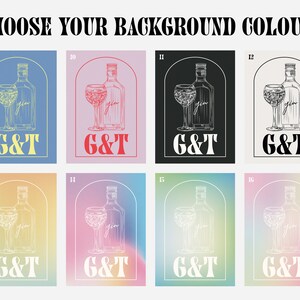 Pu&ograve; includere: Una collezione di poster a tema gin tonic. Ogni poster presenta un disegno a tratto di una bottiglia di gin e un bicchiere da cocktail, con la scritta "G&T" sotto. I colori di sfondo variano, tra cui blu, rosa, nero e sfumature.