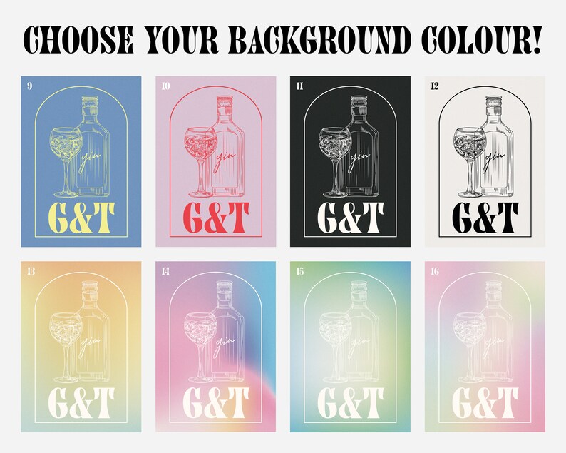 Pu&ograve; includere: Una collezione di poster a tema gin tonic. Ogni poster presenta un disegno a tratto di una bottiglia di gin e un bicchiere da cocktail, con la scritta "G&T" sotto. I colori di sfondo variano, tra cui blu, rosa, nero e sfumature.