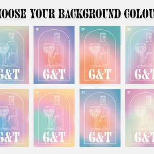 Pu&ograve; includere: Otto poster con sfondo sfumato, ognuno con un disegno a tratto di una bottiglia di gin e un bicchiere. Il testo "G&T" &egrave; sotto il disegno. Il testo "CHOOSE YOUR BACKGROUND COLOUR!" &egrave; in alto.