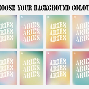 May include: A set of eight different gradient backgrounds with the word "ARIES" repeated four times in a white, wavy font. The backgrounds are in various shades of pink, blue, green, and yellow.