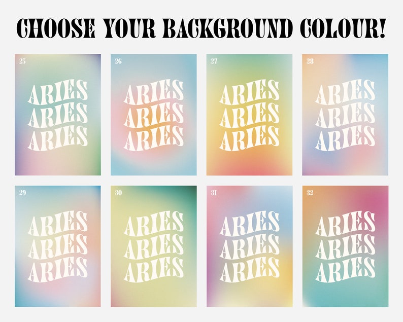 May include: A set of eight different gradient backgrounds with the word "ARIES" repeated four times in a white, wavy font. The backgrounds are in various shades of pink, blue, green, and yellow.
