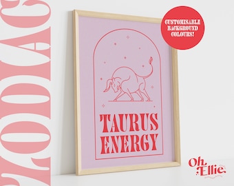 Taurus Energy Zodiac Art Print, Astrology Poster, Zodiac Star Sign Wall Art, Typographic Print, Retro Illustration, Birthday Gift, Horoscope