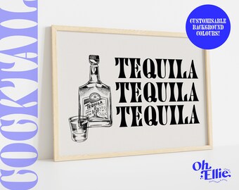 May include: A framed print with a black and white illustration of a bottle of tequila and a shot glass. The text "Tequila Tequila Tequila" is printed in bold black letters.
