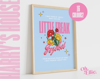 May include: A light blue framed print with the text "I was thinkin' about who you are Little Freak Fezebel Your delicate point of view, I was thinkin' about you" and a floral illustration with pink, yellow, and red flowers. The text "16 Colours!" is in a pink circle in the upper right corner.