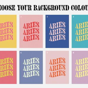 May include: Eight different colour options for a printable design featuring the word "Aries" repeated three times in a retro, wavy font.