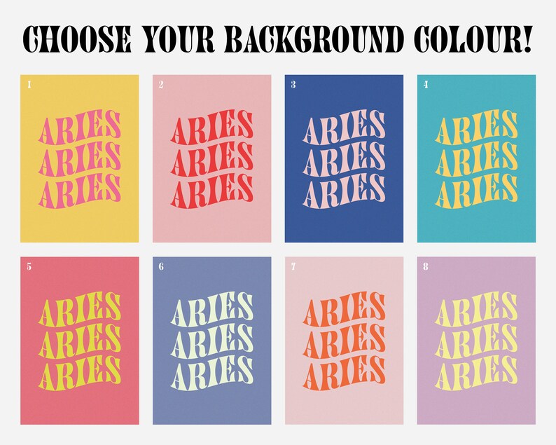 May include: Eight different colour options for a printable design featuring the word "Aries" repeated three times in a retro, wavy font.