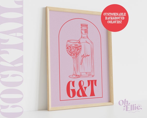 Gin and Tonic, G&T, Custom Alcohol Print, Happy Hour, Bar Cart Print, Retro Illustration, Kitchen Decor, Cocktail Art, Drinks Print