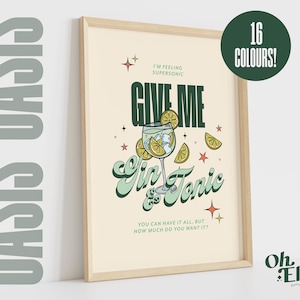 May include: A retro-style poster with a light yellow background featuring a glass of gin and tonic with lemons and ice. The text reads "I'm feeling supersonic, Give me Gin & Tonic. You can have it all, but how much do you want it?" with a green and blue color scheme.