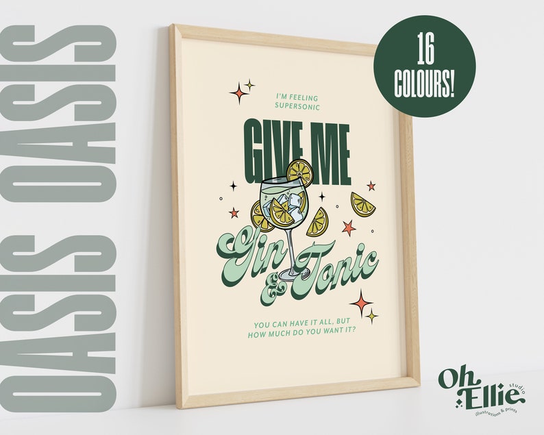 May include: A retro-style poster with a light yellow background featuring a glass of gin and tonic with lemons and ice. The text reads "I'm feeling supersonic, Give me Gin & Tonic. You can have it all, but how much do you want it?" with a green and blue color scheme.