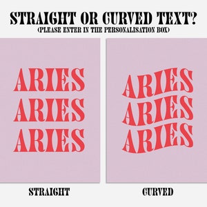 May include: Two pink squares with the word "ARIES" written in red letters. The word "ARIES" is written three times in each square. The letters are straight in the left square and curved in the right square. The words "STRAIGHT" and "CURVED" are written below each square.