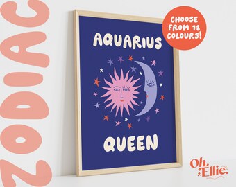 Aquarius Queen King, Zodiac Art Print, Astrology Poster, Star Sign Wall Art, Typographic Print, Retro Illustration, Energy, Horoscope Season