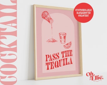 Pass The Tequila, Custom Alcohol Print, Happy Hour, Bar Cart Print, Retro Illustration, Kitchen Decor, Tequila Shot, Party, Drinks Print