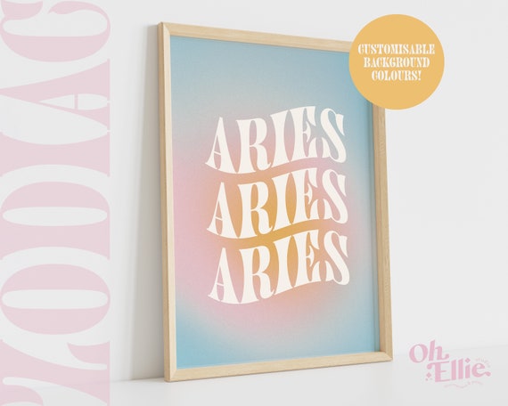 Aries Zodiac Art Print, Astrology Poster, Zodiac Star Sign Wall Art, Typographic Print, Retro Illustration, Birthday Gift, Horoscope Decor