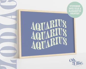 Aquarius Zodiac Art Print, Astrology Poster, Zodiac Star Sign Wall Art, Typographic Print, Retro Illustration, Birthday Gift, Horoscope
