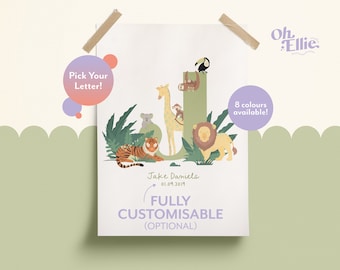 Personalised Jungle Animals Initial Print - Custom, Decor, Baby, Nursery, Children, Illustration, Pastel, Letter, Wall Art, Wild Animal