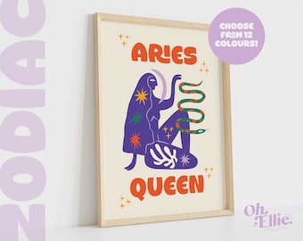 Aries Queen King, Zodiac Art Print, Astrology Poster, Star Sign Wall Art, Typographic Print, Retro Illustration, Aries Energy, Horoscope
