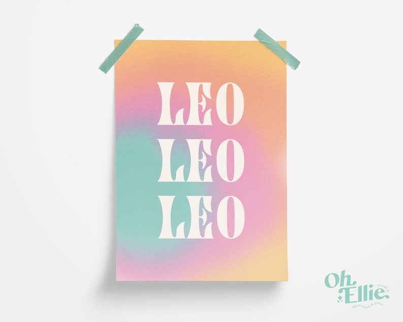 May include: A pastel rainbow gradient poster with the word "LEO" repeated three times in a white, retro font.