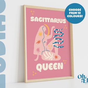 Sagittarius Queen King, Zodiac Art Print, Astrology Poster, Star Sign Wall Art, Typographic Print, Retro Illustration, Energy, Horoscope