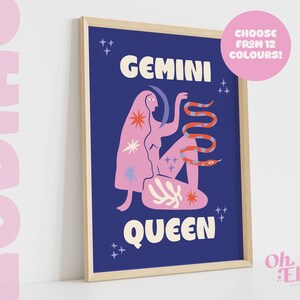 Gemini Queen King, Zodiac Art Print, Astrology Poster, Star Sign Wall Art, Typographic Print, Retro Illustration, Gemini Energy, Horoscope