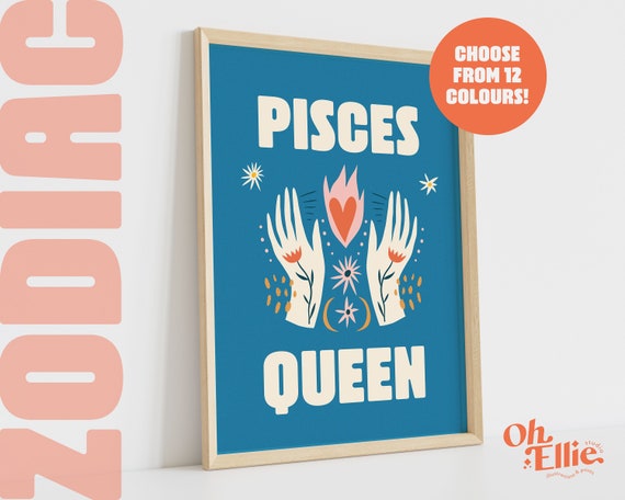 Pisces Queen King, Zodiac Art Print, Astrology Poster, Star Sign Wall Art, Typographic Print, Retro Illustration, Pisces Energy, Horoscope