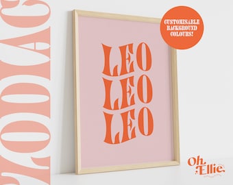Może przedstawiać: Wydruk w ramie z różowym tłem i imieniem "Leo" napisanym trzy razy pogrubioną, pomarańczową czcionką. Tekst jest w retro, stylizowanym kroju pisma. Rama jest z jasnego drewna.