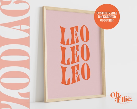 Leo Zodiac Art Print, Astrology Poster, Zodiac Star Sign Wall Art, Typographic Print, Retro Illustration, Birthday Gift, Horoscope Decor
