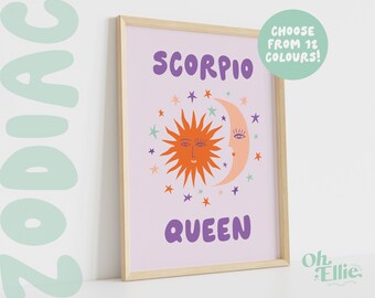 Scorpio Queen King, Zodiac Art Print, Astrology Poster, Star Sign Wall Art, Typographic Print, Retro Illustration, Scorpio Energy, Horoscope