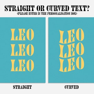 May include: A graphic design image with two examples of the word "LEO" written in yellow. The word "LEO" is written in a straight font on the left side of the image and in a curved font on the right side of the image. The background of the image is blue.