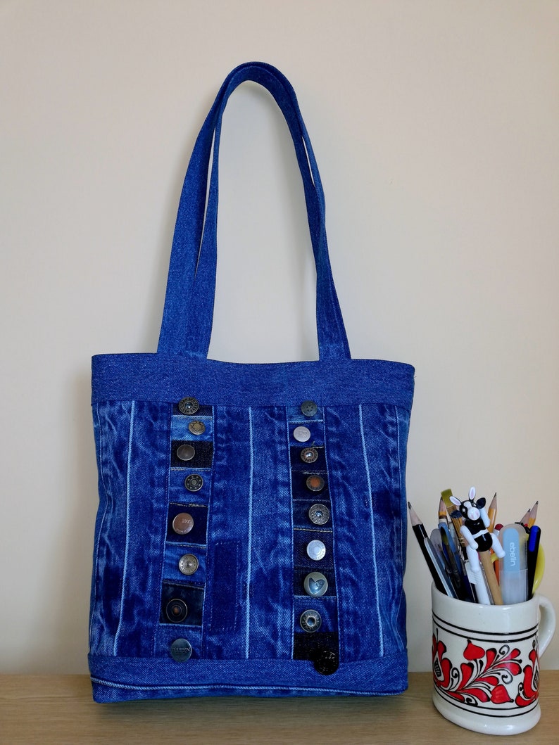 Handmade Denim Shoulder Bag With Zipper Button Design Etsy