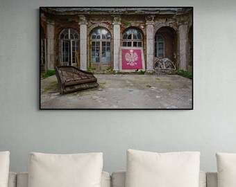 LIMITED EDITION Photo of an old piano and Polish emblem in an abandoned palace in Poland, Print, Dibond, Fine Art, URBEX