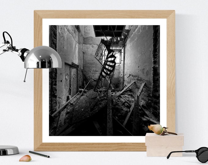 Black and White Photo of a Spiral Staircase in a Derelict Italian Hospital, Print, Dibond, Fine Art Hahnemühle