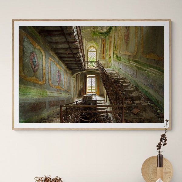 Photo d'un escalier dans une villa abandonnée en Italie, impression poster, Dibond, Fine Art Hahnemühle