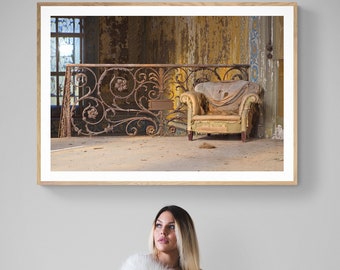 Photo of an armchair in an abandoned villa in Italy, abandoned buildings, urbex, vintage wall decoration