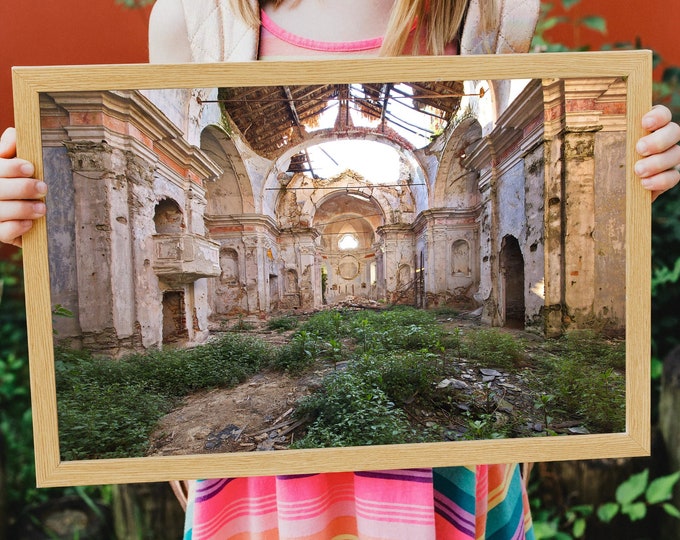 Photo of a ruined church in Italy, old abandoned buildings, urbex, vintage decoration, poster, Dibond