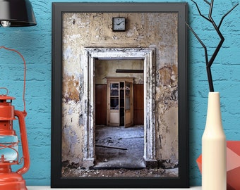 Photo of an old door and a clock, abandoned hospital in Italy, Poster Print, Dibond, Fine Art Hahnemühle