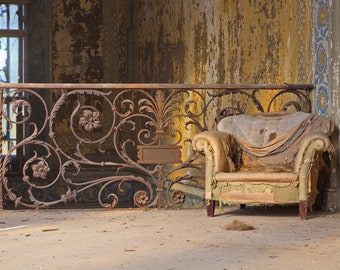 Photo of an armchair in an abandoned villa in Italy, abandoned buildings, urbex, vintage wall decoration