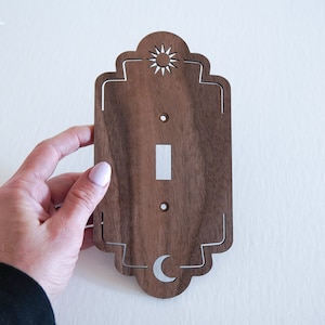 Wood Scalloped Sun and Moon / Custom Switch Plate Cover / Star wall cover / Outlet plate/ Art Deco Wall Decor